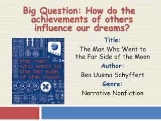 Title: The Man Who Went to the Far Side of the Moon Author: Bea Uusma Schyffert Genre: Narrative Nonfiction