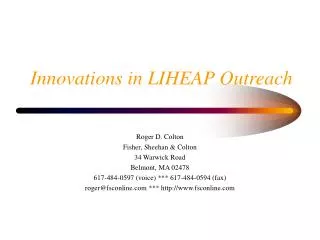 Innovations in LIHEAP Outreach