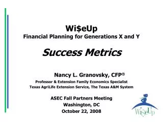 Wi$eUp Financial Planning for Generations X and Y Success Metrics