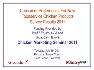 Consumer Preferences For New Foodservice Chicken Products Survey Results 2011 Funding Provided by WATT Poultry USA and