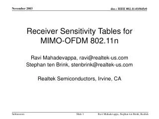 Receiver Sensitivity Tables for MIMO-OFDM 802.11n