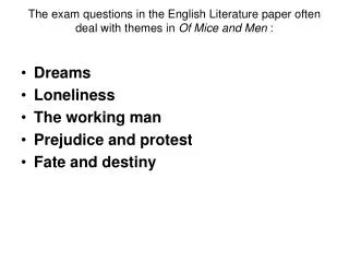 The exam questions in the English Literature paper often deal with themes in Of Mice and Men :