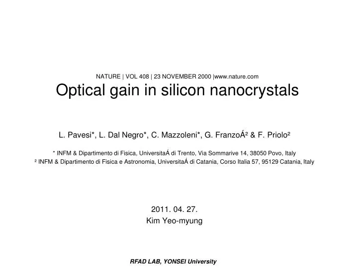 nature vol 408 23 november 2000 www nature com optical gain in silicon nanocrystals