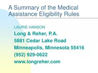 A Summary of the Medical Assistance Eligibility Rules