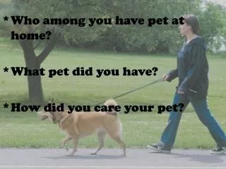 Who among you have pet at home? What pet did you have? How did you care your pet?