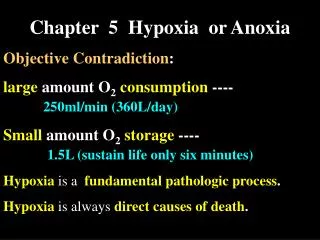 Chapter 5 Hypoxia or Anoxia Objective Contradiction : large amount O 2 consumption ---- 250ml/min (360L/day)