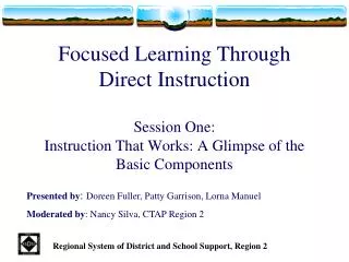 Focused Learning Through Direct Instruction Session One: Instruction That Works: A Glimpse of the Basic Components