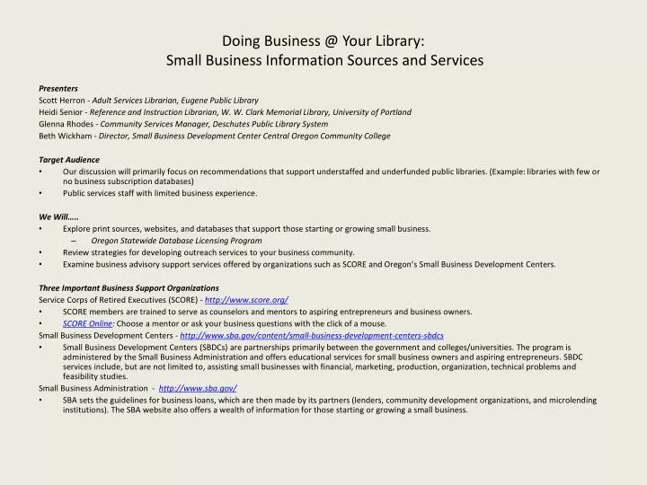 doing business @ your library small business information sources and services