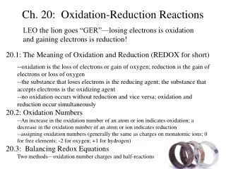 Ch. 20: Oxidation-Reduction Reactions