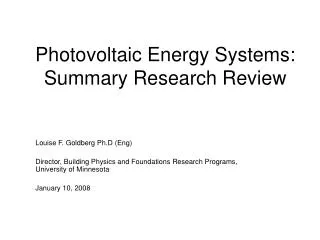Photovoltaic Energy Systems: Summary Research Review