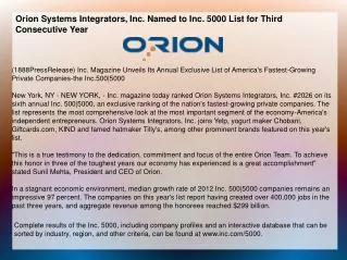 Orion Systems Integrators, Inc. Named to Inc. 5000 List for