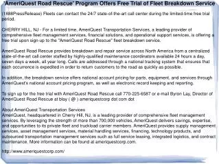 'AmeriQuest Road Rescue' Program Offers Free Trial of Fleet