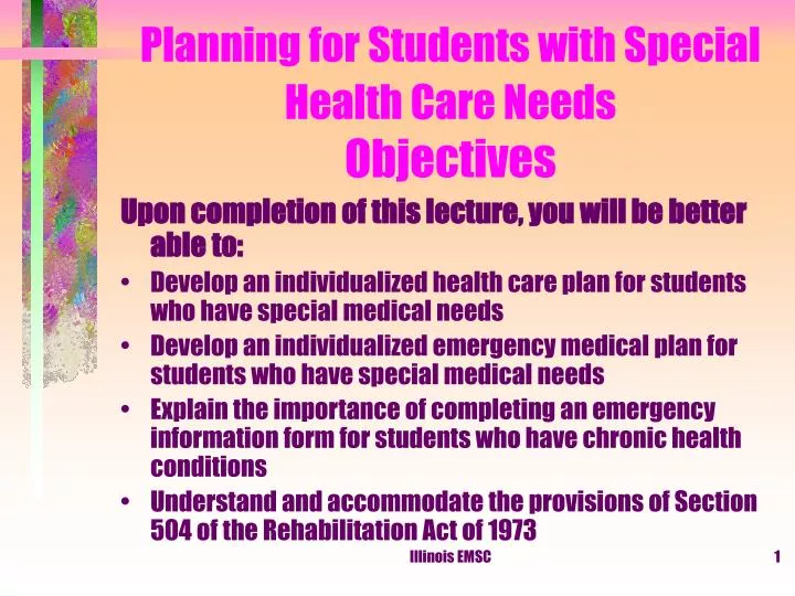 planning for students with special health care needs objectives
