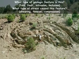 What type of geologic feature is this? (fold, fault, intrusion, inclusion) What type of stress caused this feature? (sh