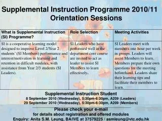 Supplemental Instruction Programme 2010/11 			Orientation Sessions