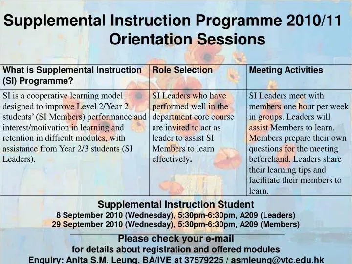 supplemental instruction programme 2010 11 orientation sessions