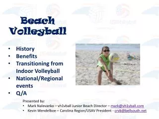 Beach Volleyball History Benefits Transitioning from Indoor Volleyball National/Regional events Q/A