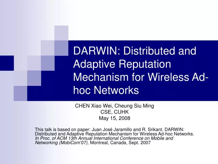 darwin distributed and adaptive reputation mechanism for wireless ad hoc networks