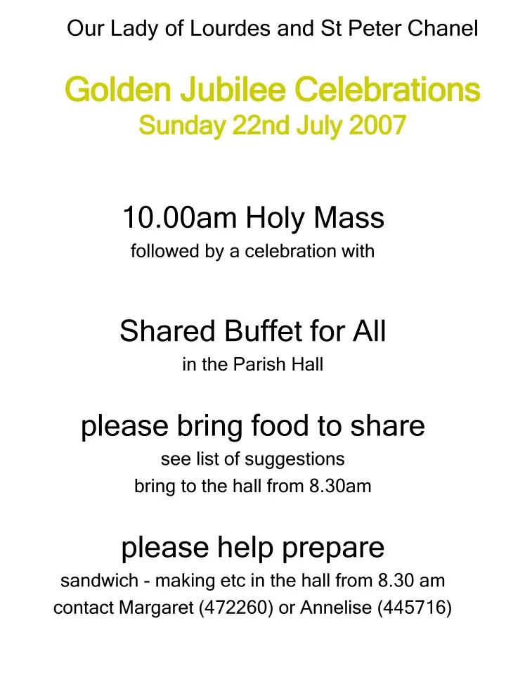 our lady of lourdes and st peter chanel golden jubilee celebrations sunday 22nd july 2007