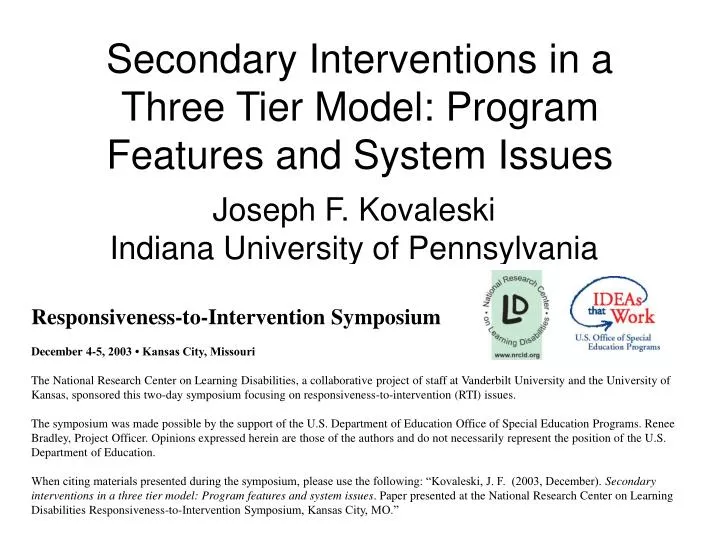 secondary interventions in a three tier model program features and system issues