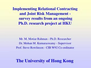 Implementing Relational Contracting and Joint Risk Management - survey results from an ongoing Ph.D. research project