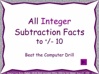 All Integer Subtraction Facts to + /- 10