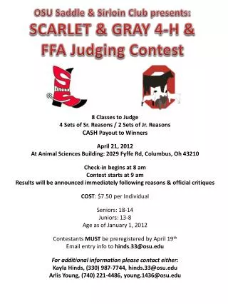 8 Classes to Judge 4 Sets of Sr. Reasons / 2 Sets of Jr. Reasons CASH Payout to Winners April 21, 2012