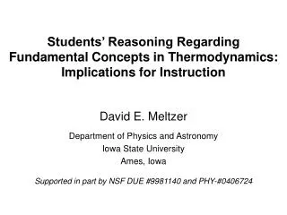 Students’ Reasoning Regarding Fundamental Concepts in Thermodynamics: Implications for Instruction