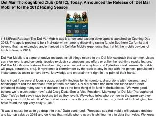 Del Mar Thoroughbred Club (DMTC), Today, Announced the Relea