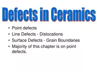 Point defects Line Defects - Dislocations Surface Defects - Grain Boundaries Majority of this chapter is on point defect