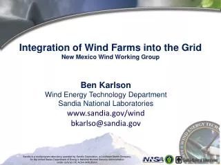 Integration of Wind Farms into the Grid New Mexico Wind Working Group