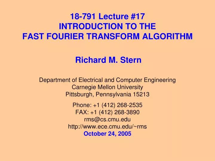18 791 lecture 17 introduction to the fast fourier transform algorithm
