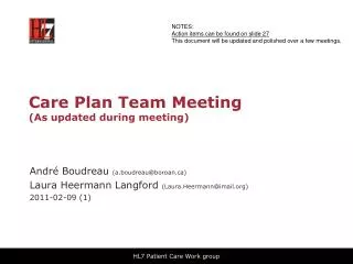 Care Plan Team Meeting (As updated during meeting)