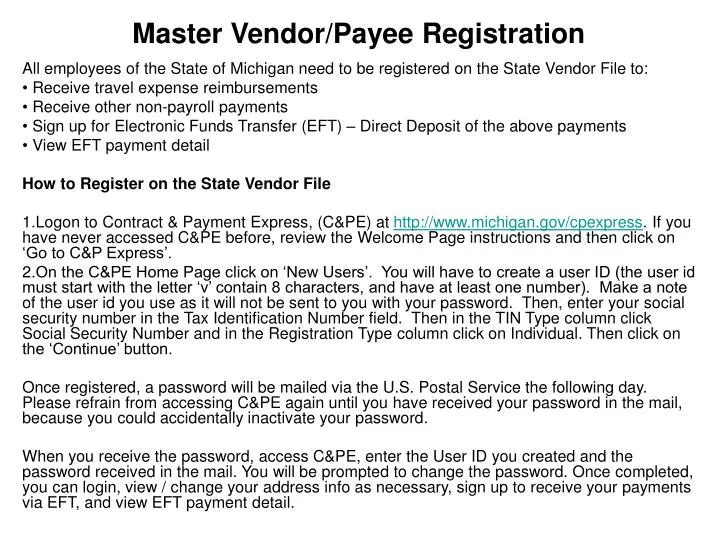 master vendor payee registration