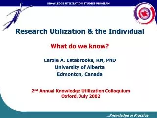 Research Utilization &amp; the Individual What do we know? Carole A. Estabrooks, RN, PhD University of Alberta Edmonton,