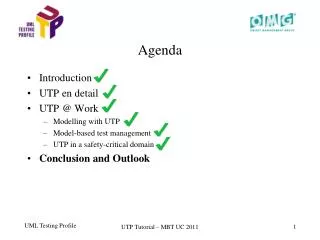 Introduction UTP en detail UTP @ Work Modelling with UTP Model-based test management UTP in a safety-critical domain Con