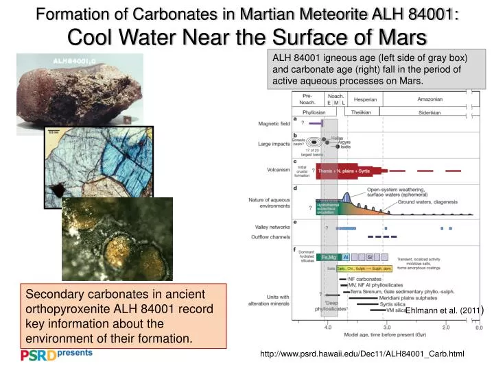 formation of carbonates in martian meteorite alh 84001 cool water near the surface of mars