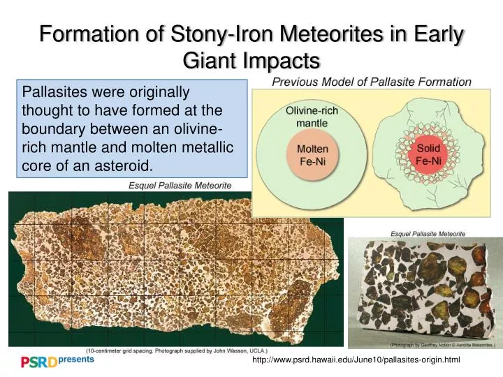formation of stony iron meteorites in early giant impacts