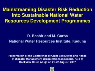 Mainstreaming Disaster Risk Reduction into Sustainable National Water Resources Development Programmes