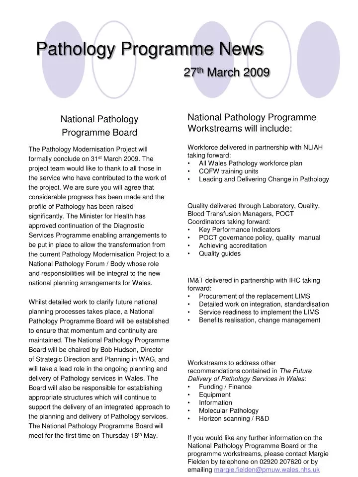 pathology programme news 27 th march 2009