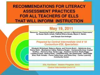 Recommendations for Literacy Assessment Practices for ALL Teachers of ELLS That Will Inform Instruction