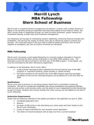 Merrill Lynch MBA Fellowship Stern School of Business