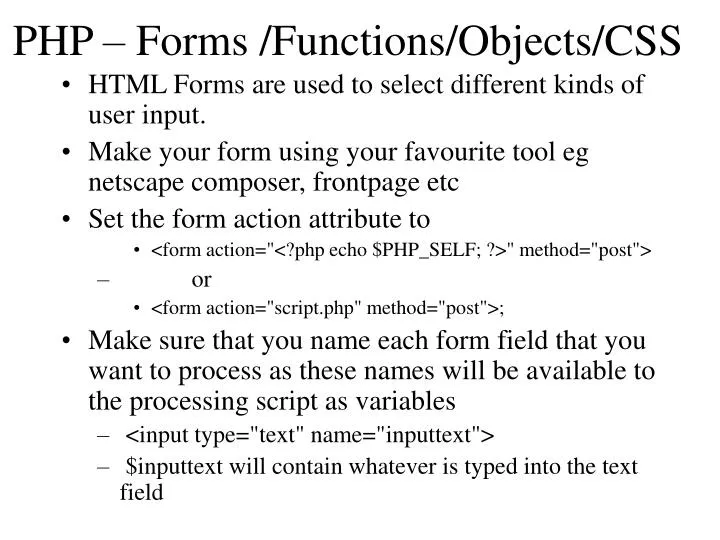 php forms functions objects css