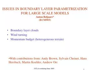 ISSUES IN BOUNDARY LAYER PARAMETRIZATION FOR LARGE SCALE MODELS Anton Beljaars* (ECMWF)