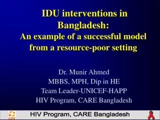 IDU interventions in Bangladesh: An example of a successful model from a resource-poor setting