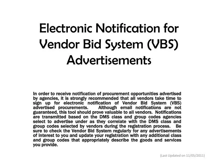 electronic notification for vendor bid system vbs advertisements