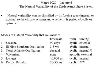Meteo 1020 – Lecture 4 The Natural Variability of the Earth-Atmosphere System