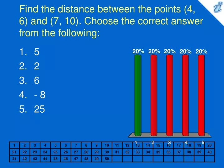 find the distance between the points 4 6 and 7 10 choose the correct answer from the following