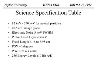 Science Specification Table