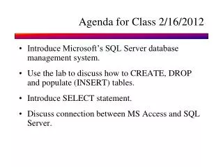 Agenda for Class 2/16/2012